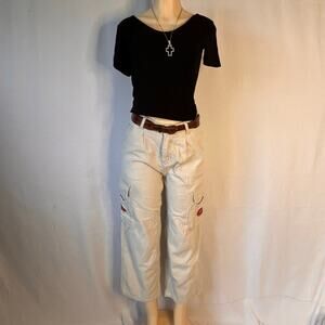 SHEIN Wake Jeans Cream Cargo Pants Red Logo Patch Y2K Indie Streetwear Petite XS